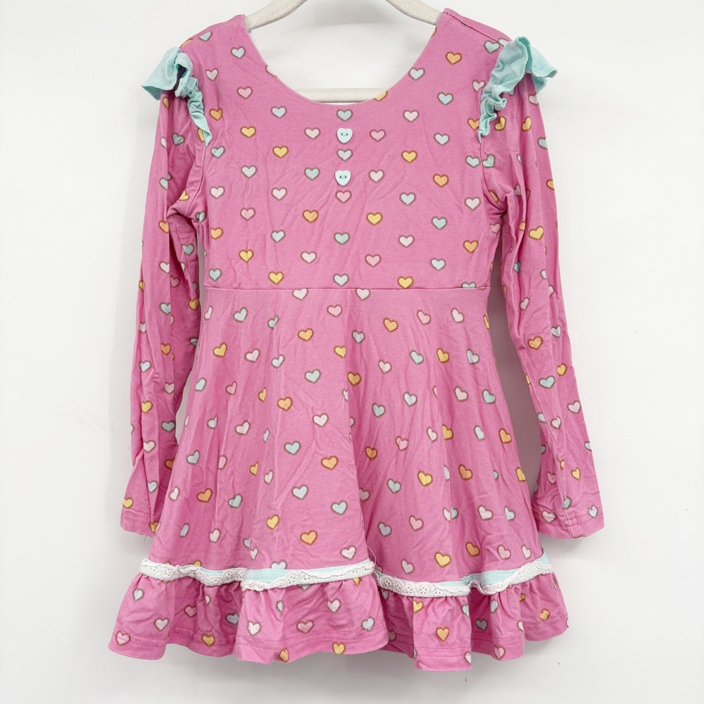 Makena Lane Girls Pink Bamboo Heart Print Ruffle Whimsical Twirl Dress Size 5